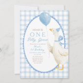 One Silly Goose 1st Birthday: Blue Gingham  Einladung (Vorderseite)