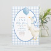 One Silly Goose 1st Birthday: Blue Gingham  Einladung (Stehend Vorderseite)