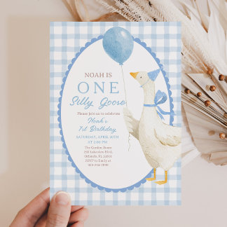 One Silly Goose 1st Birthday: Blue Gingham  Einladung