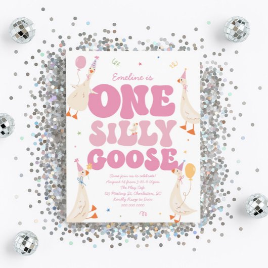 One Silly Goose 1st Birthday Invitation Girl Pink  Einladung