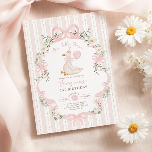 One Silly Goose 1st Birthday Invitation, Pink Bow  Einladung