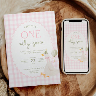 One Silly Goose Birthday Invite Pink Gingham Einladung