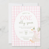 One Silly Goose Birthday Invite Pink Gingham First Einladung (Vorderseite)