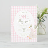 One Silly Goose Birthday Invite Pink Gingham First Einladung (Stehend Vorderseite)