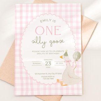 One Silly Goose Birthday Invite Pink Gingham First Einladung