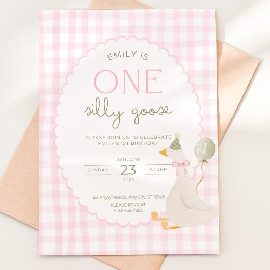 One Silly Goose Birthday Invite Pink Gingham First Einladung