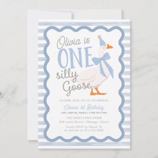 One Silly Goose Blue Bow 1st Birthday Einladung (Vorderseite)