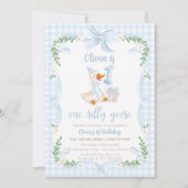 One Silly Goose Blue Bow Floral 1st Birthday Einladung (Vorderseite)