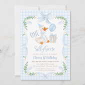 One Silly Goose Blue Bow Floral 1st Birthday Einladung (Vorderseite)