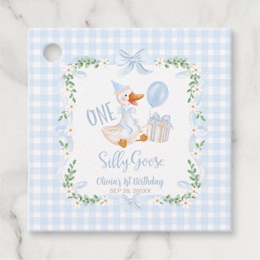 One Silly Goose Blue Bow Floral 1st Birthday Geschenkanhänger (Vorderseite)