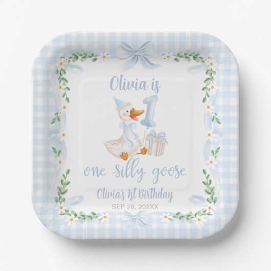 One Silly Goose Blue Bow Floral 1st Birthday Pappteller (Vorderseite)