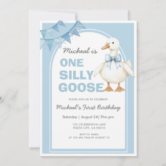 One Silly Goose Blue Boy 1st Birthday Blue  Einladung
