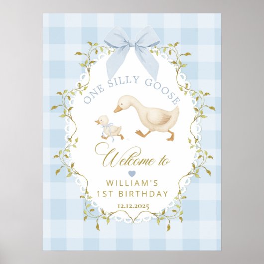 One Silly Goose Blue Gingham Birthday Welcome Poster (Vorne)