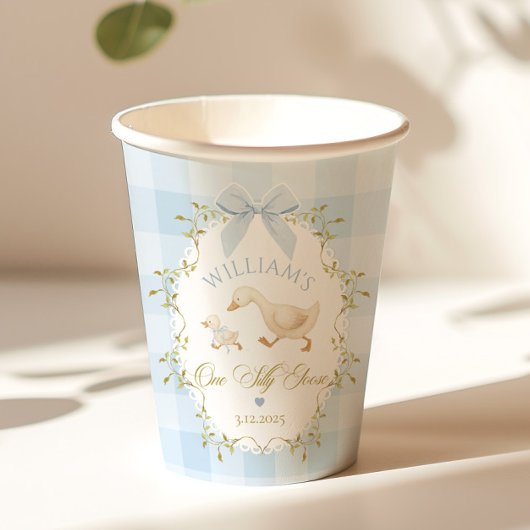 One Silly Goose Blue Gingham Boy 1st Birthday Pappbecher