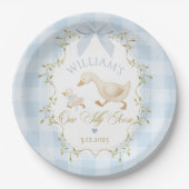 One Silly Goose Blue Gingham Boy 1st Birthday Pappteller (Vorderseite)