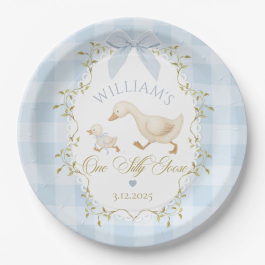 One Silly Goose Blue Gingham Boy 1st Birthday Pappteller (Vorderseite)