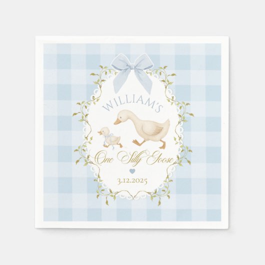 One Silly Goose Blue Gingham Boy 1st Birthday Serviette (Vorderseite)