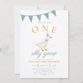 ONE Silly Goose Blue Gingham Boy First Birthday  Einladung (Vorderseite)