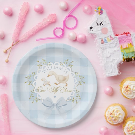 One Silly Goose Blue Goingham Whimsical Birthday Pappteller (Party)