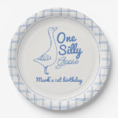 One Silly Goose Blue Hand Drawn Boy 1st Birthday Pappteller (Vorderseite)