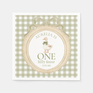 One Silly Goose Bow Gingham 1st Birthday Napkin Serviette