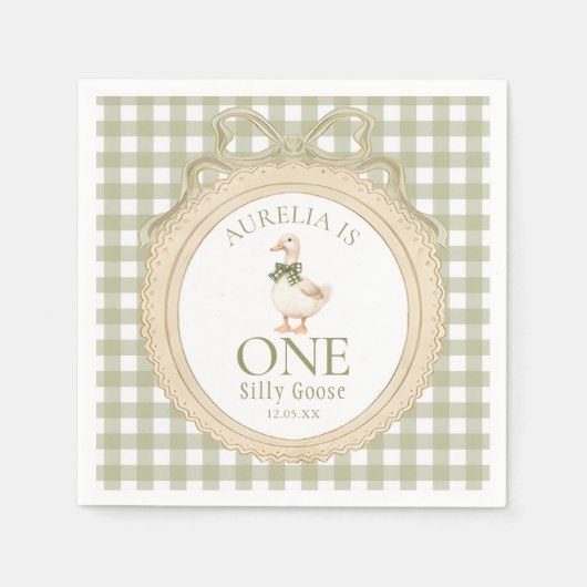 One Silly Goose Bow Gingham 1st Birthday Napkin Serviette (Vorderseite)