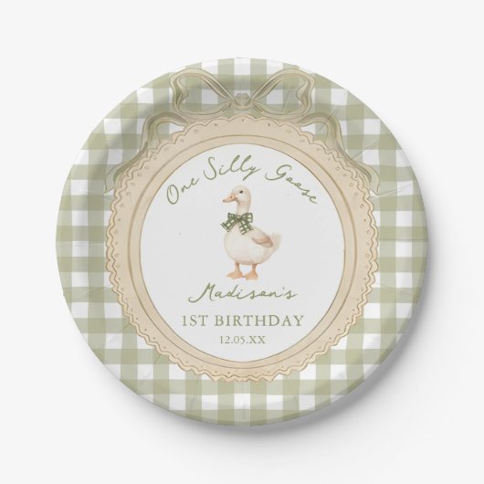 One Silly Goose Bow Gingham 1st Birthday Pappteller (Vorderseite)