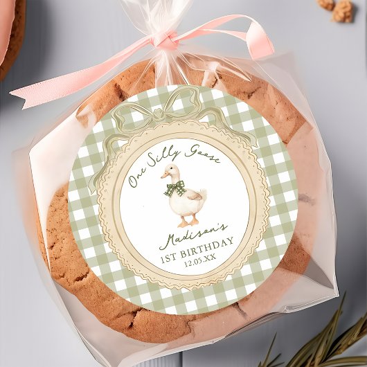 One Silly Goose Bow Gingham 1st Birthday Sticker