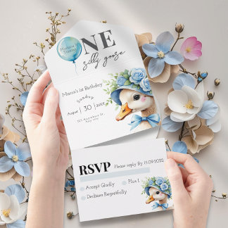 One Silly Goose Boy 1st Birthday  Invitation All In One Einladung