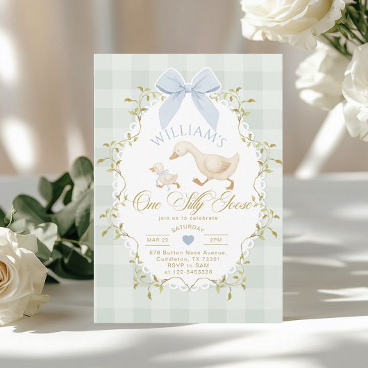 One Silly Goose Boy Gingham 1st Birthday Einladung