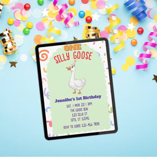 ONE Silly Goose, Colorful 1st Birthday Einladung