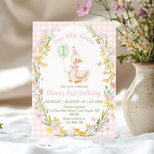 One Silly Goose Floral Pink Girl Birthday Einladung