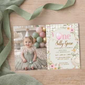 One Silly Goose Gingham Floral Girl 1st Birthday  Einladung