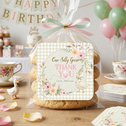 One Silly Goose Gingham Floral Thank You Quadratischer Aufkleber