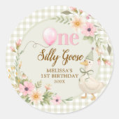 One Silly Goose Gingham Pink Flora Birthday Party  Runder Aufkleber (Vorderseite)