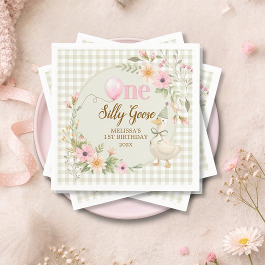 One Silly Goose Gingham Pink Flora Birthday Party Serviette