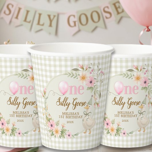 One Silly Goose Gingham Pink Floral Birthday Pappbecher