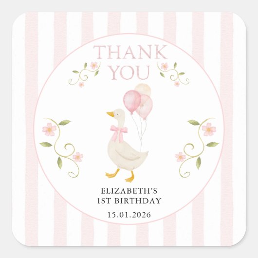 One Silly Goose Girl 1st Birthday Pink Thank You Quadratischer Aufkleber (Vorderseite)