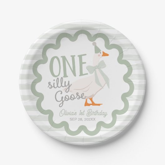 One Silly Goose Green Bow 1st Birthday Pappteller (Vorderseite)