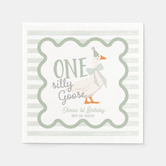 One Silly Goose Green Bow 1st Birthday Serviette (Vorderseite)