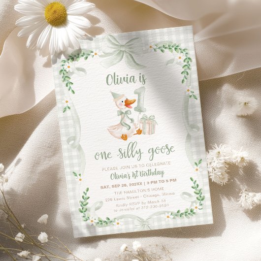 One Silly Goose Green Bow Floral 1st Birthday Einladung