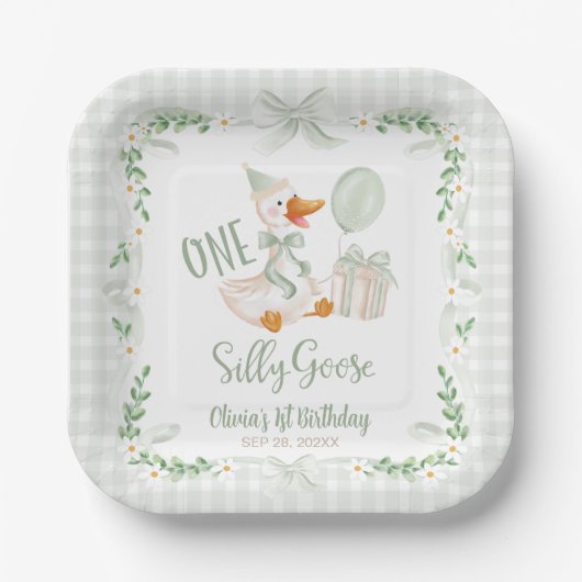 One Silly Goose Green Bow Floral 1st Birthday Pappteller (Vorderseite)