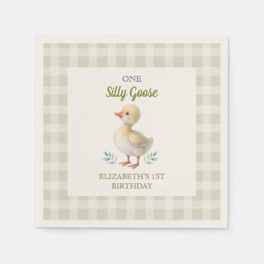One Silly Goose Green Gingham Baby First Birthday Serviette (Vorderseite)