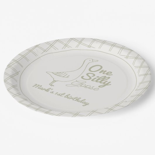 One Silly Goose Green Hand Drawn 1st Birthday Pappteller (Schrägansicht)