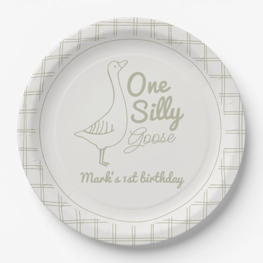 One Silly Goose Green Hand Drawn 1st Birthday Pappteller (Vorderseite)