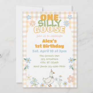One Silly Goose Neutral Pastel Plaid 1st Birthday Einladung