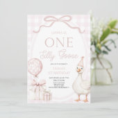 ONE Silly Goose Pink 1st Birthday Party Einladung (Stehend Vorderseite)