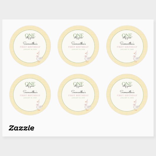 One Silly Goose Pink and Gingham 1st Birthday Runder Aufkleber (Blatt)