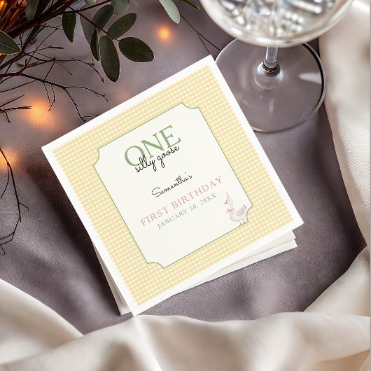 One Silly Goose Pink and Gingham 1st Birthday Serviette