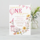 One Silly Goose Pink Bow 1st Birthday Invitation Einladung (Stehend Vorderseite)